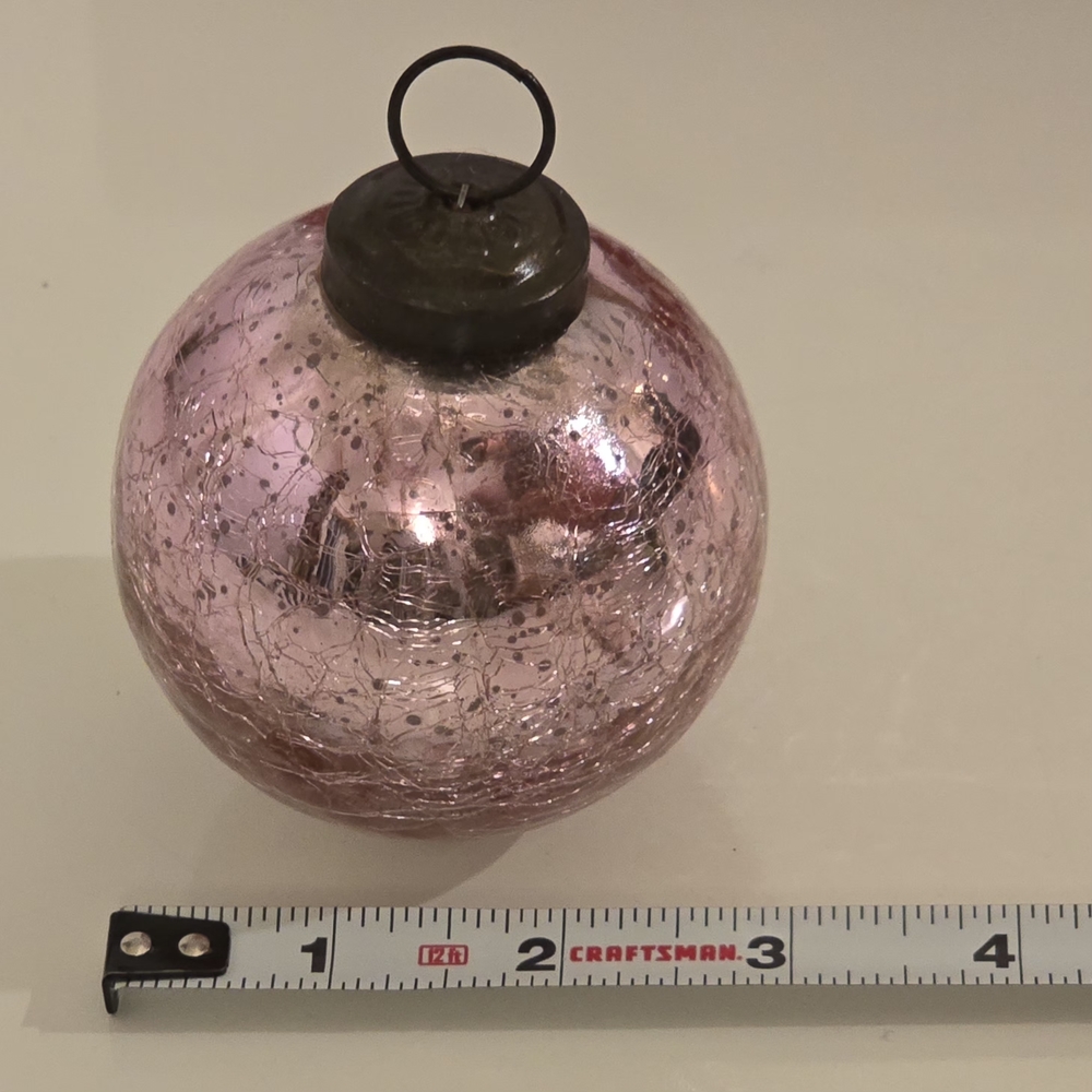 NWT 9 Pink Crackled Mercury Glass 3 Inch Holiday Ornaments w/ Antique Bronze Cap - Picture 4 of 5